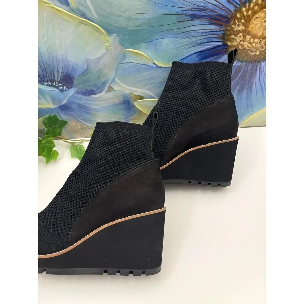 Eileen Fisher Quill Stretch Knit Wedge Booties in Black Size 7.5